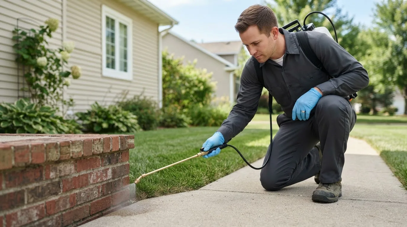 Pest control technician treating a home near Burnside, IA