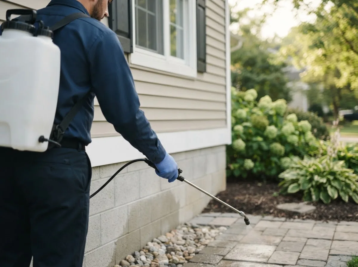 Pest control technician inspecting a home in Burnside, IA